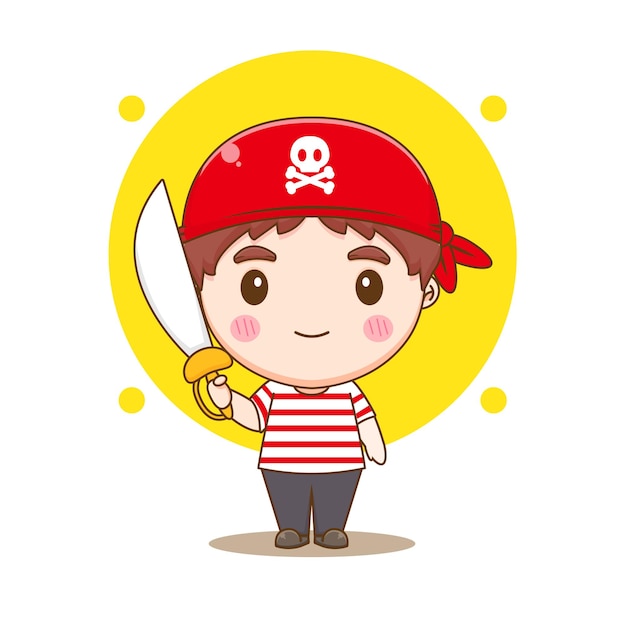 Lindo pirata sosteniendo espada chibi personaje ilustración