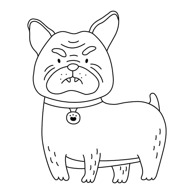 Lindo poco sentado y sonriente perro bulldog para colorear ilustración de vector de página para libro de colorear