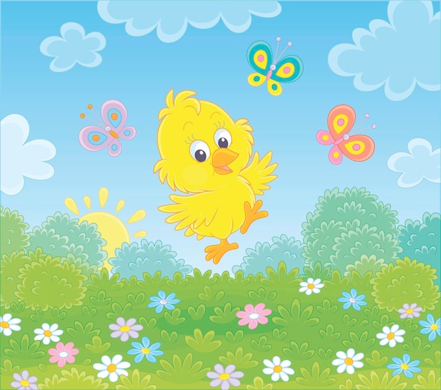 Vector lindo pollito bailando de alegría con coloridas mariposas entre flores silvestres de un césped verde