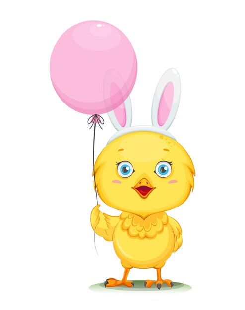 Lindo pollito con máscara de orejas de conejo y sosteniendo un globo feliz pascua pollito divertido