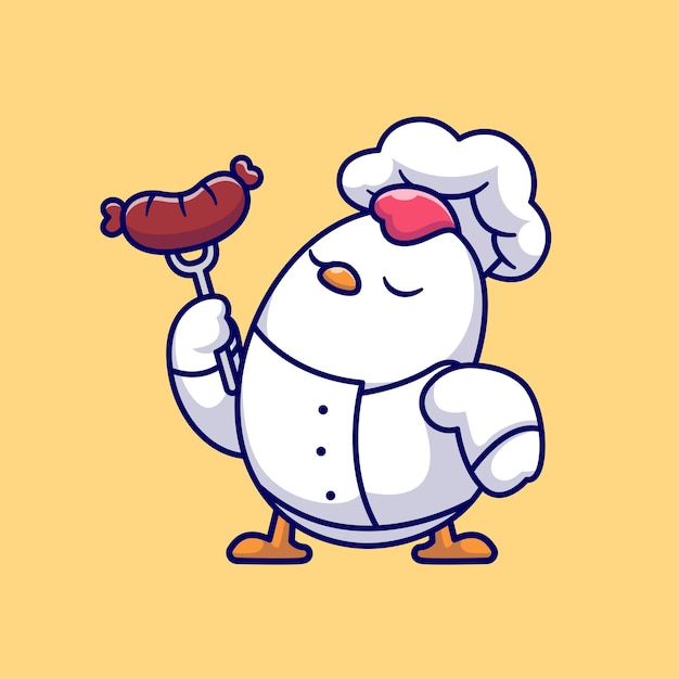 Lindo Pollo Chef Cocinando Salchicha Dibujos Animados Vector Icono Ilustración Icono De Alimento Animal Aislado Plano