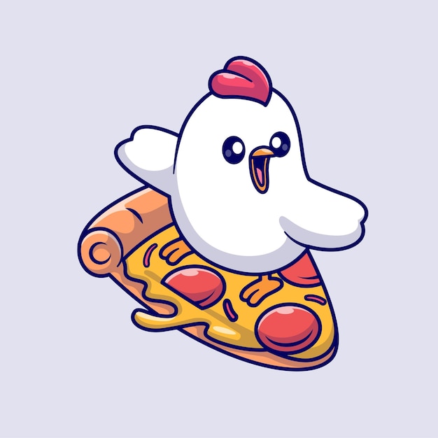 Lindo Pollo Surfeando Con Pizza Dibujos Animados Vector Icono Ilustración Animal Deporte Icono Concepto Aislado