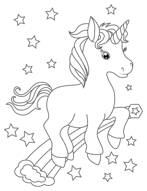 Vector lindo pony unicornio arcoiris para colorear