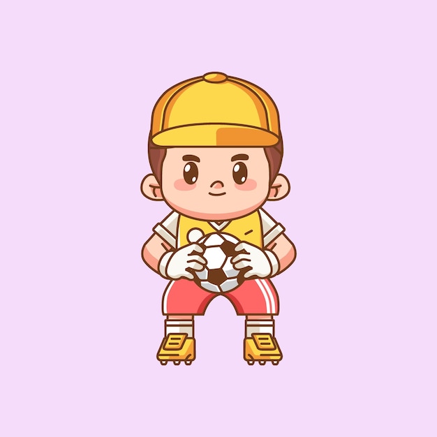 Lindo portero atrapa la pelota kawaii chibi personaje mascota ilustración diseño de estilo de contorno