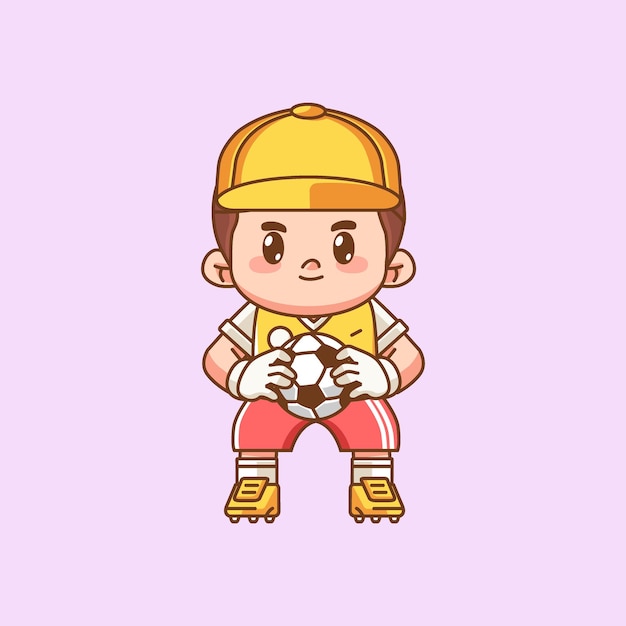 Vector lindo portero atrapa la pelota kawaii chibi personaje mascota ilustración diseño de estilo de contorno