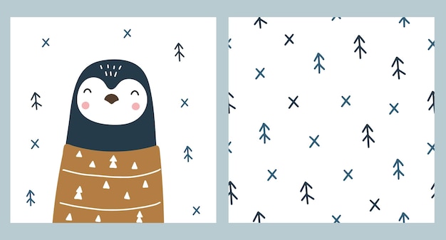 Lindo póster con un pingüino polar en un suéter y un patrón sin costuras en estilo escandinavo Ilustración vectorial para su diseño