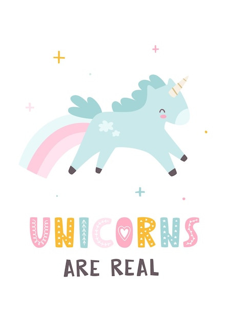 Lindo póster de unicornio con letras Impresión vectorial divertida para arte de pared y ropa para niñas