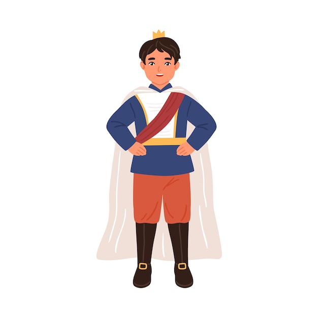 Vector lindo príncipe con corona y en manto aislado sobre fondo blanco. niño vestido como rey para carnaval disfrazado, fiesta infantil, baile real o actuación teatral. ilustración de vector plano.