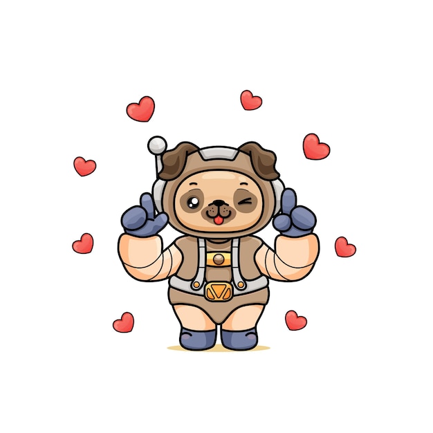 lindo pug de dibujos animados en un traje de astronauta apuntando hacia arriba con ambas manos