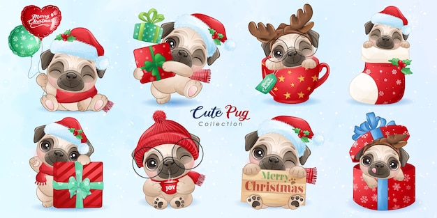 Lindo pug doodle para el día de navidad con ilustración de acuarela