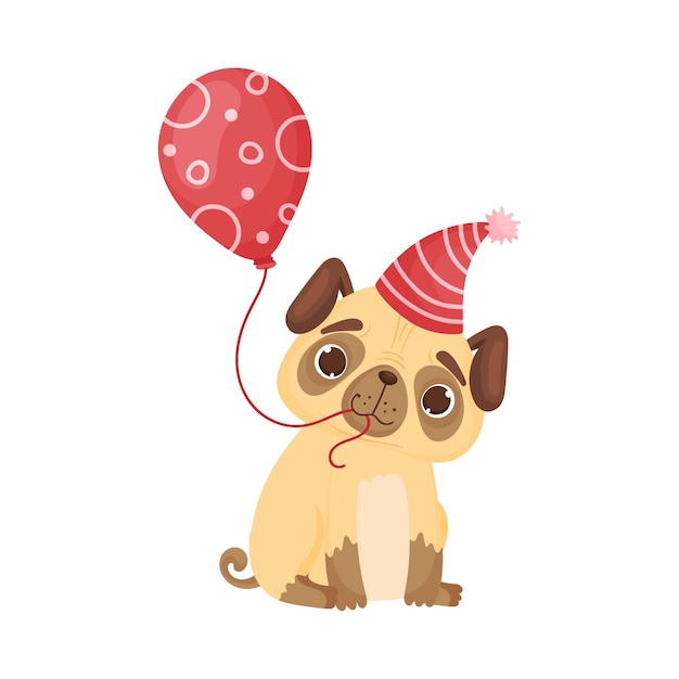 Lindo pug con una gorra festiva a rayas sostiene un globo rojo en su boca Ilustración vectorial sobre fondo blanco