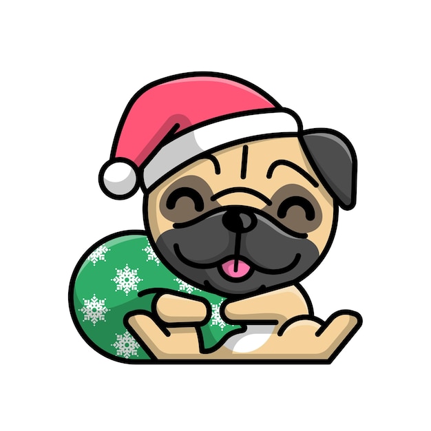 Un lindo pug lleva gorro de santa y lleva una bolsa de regalo