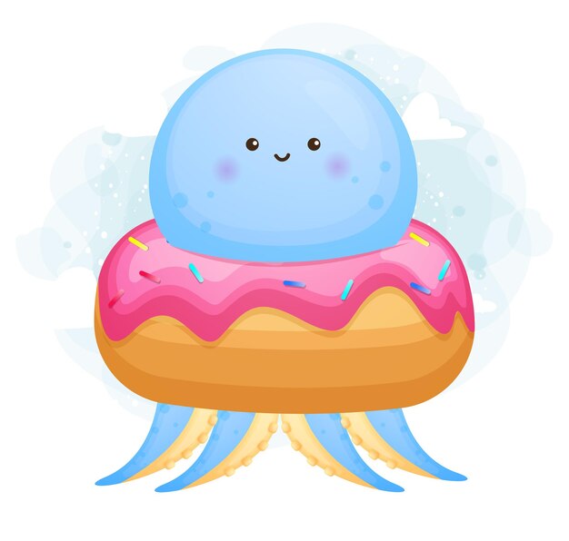 Lindo pulpo bebé doodle dentro de un postre