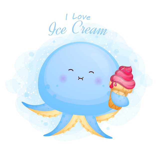 Vector lindo pulpo bebé doodle con helado y me encanta el personaje de dibujos animados de texto helado