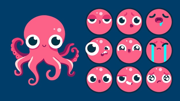 Lindo pulpo conjunto de emociones animales pulpo pequeño con colocación de emoji durmiendo llorando triste