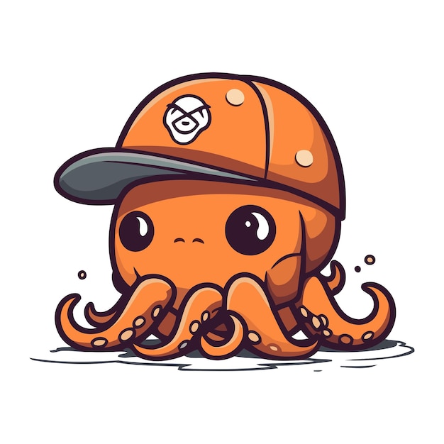 Vector lindo pulpo de dibujos animados en gorra de béisbol ilustración vectorial aislada en fondo blanco