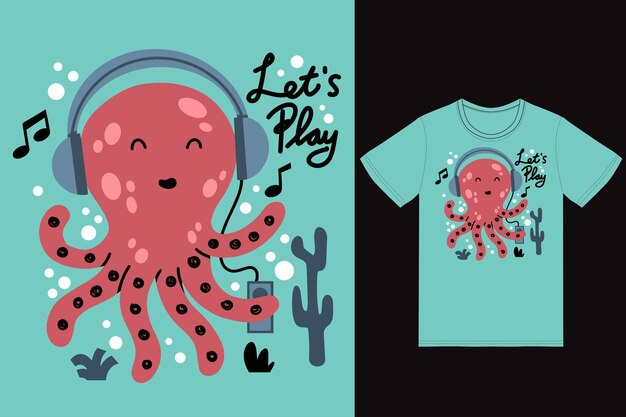 Vector lindo pulpo escuchando música ilustración con diseño de camiseta vector premium