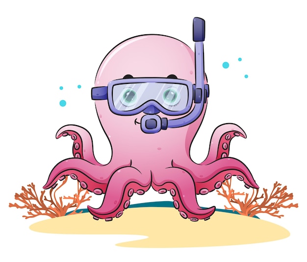El lindo pulpo está buceando con las gafas de natación de la ilustración.