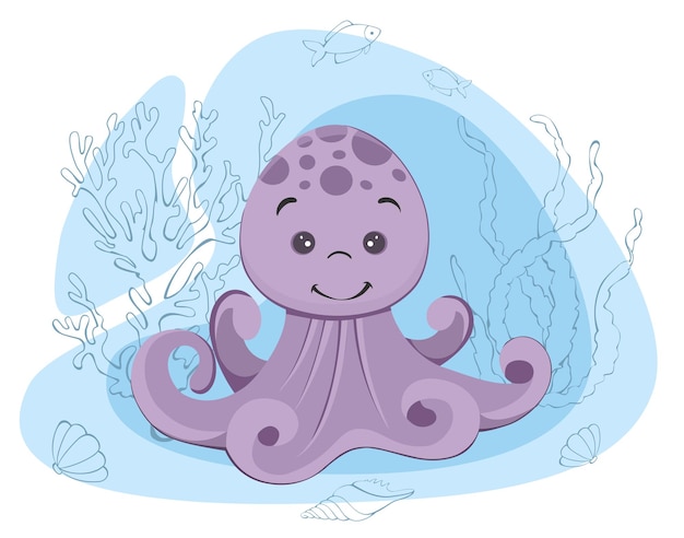 Lindo pulpo flores púrpuras peces corales algas ilustración vectorial en estilo de dibujos animados