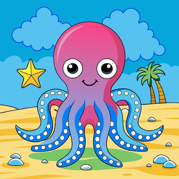 Lindo pulpo de mar dibujado a mano plano elegante mascota de dibujos animados personaje dibujo pegatina concepto de icono