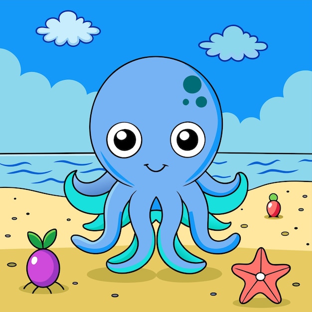 Lindo pulpo de mar dibujado a mano plano elegante mascota de dibujos animados personaje dibujo pegatina concepto de icono