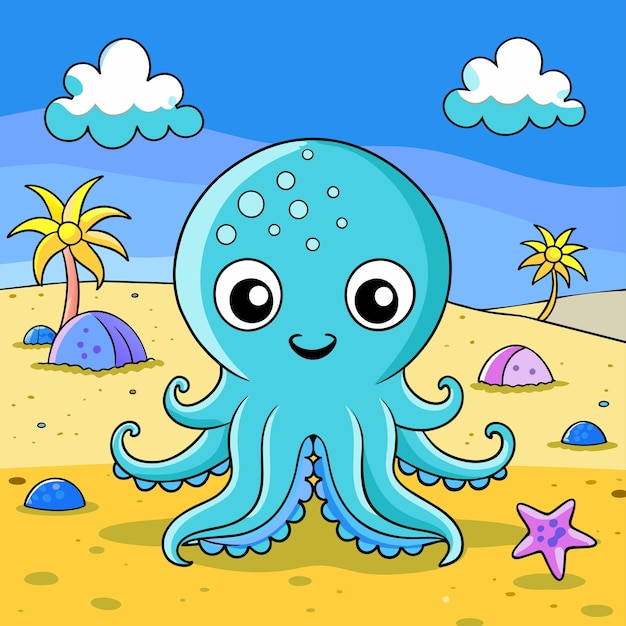 Lindo pulpo de mar dibujado a mano plano elegante mascota de dibujos animados personaje dibujo pegatina concepto de icono