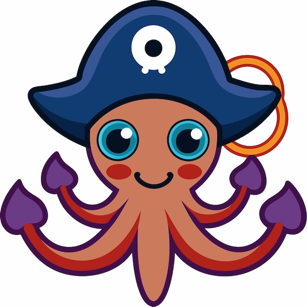 Lindo pulpo pirata con ancla Icono vectorial de dibujos animados Ilustración de animal Icono pirata Concepto aislado Estilo de dibuyos animados plano vectorial premium