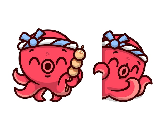 LINDO PULPO ROJO CON DIADEMA JAPONESA Y TAKOYAKI EN DOS OPCIONES DE DISEÑO DISEÑO DE MASCOTA DE DIBUJOS ANIMADOS DE ALTA CALIDAD