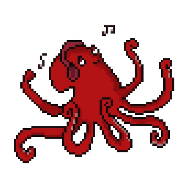 Lindo pulpo rojo pixel escuchando música