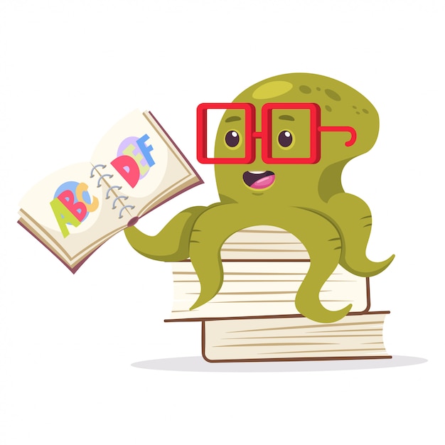 Vector lindo pulpo se sienta en los libros y leyendo el alfabeto