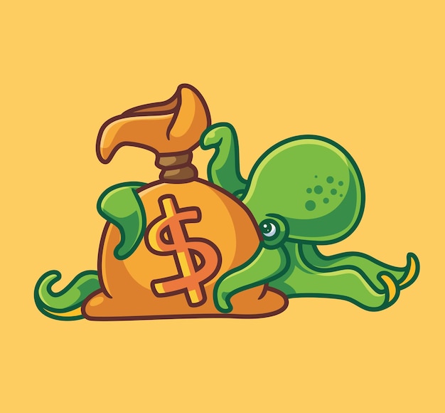 Lindo pulpo traer saco de dinero ilustración animal de dibujos animados aislado diseño de icono de etiqueta de estilo plano