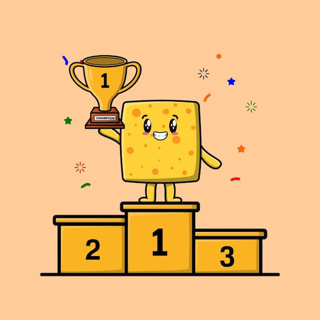 Lindo queso de dibujos animados como el primer ganador con expresión feliz en un diseño de estilo moderno 3d