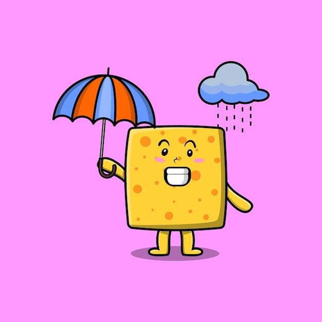 Lindo queso de dibujos animados bajo la lluvia y usando paraguas