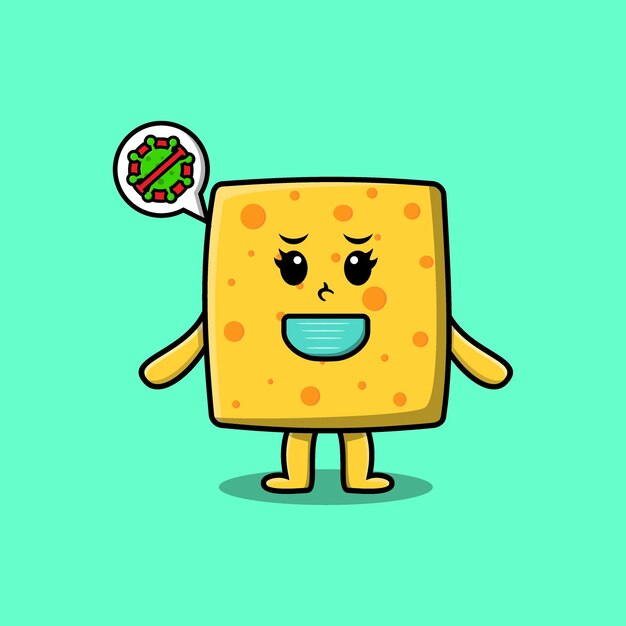 Lindo queso de dibujos animados usando máscara para prevenir virus