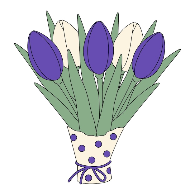 Lindo ramo de coloridos tulipanes de primavera en papel de regalo en tonos brillantes de moda en un estilo minimalista