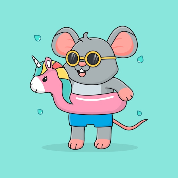 Lindo ratón con anillo de natación unicornio y gafas de sol