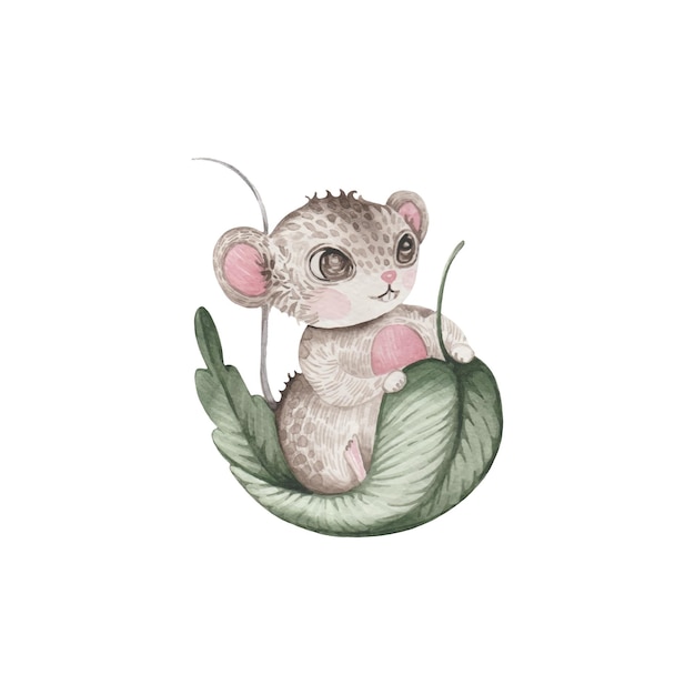 Un lindo ratón de campo acuarela está sentado sobre una hoja