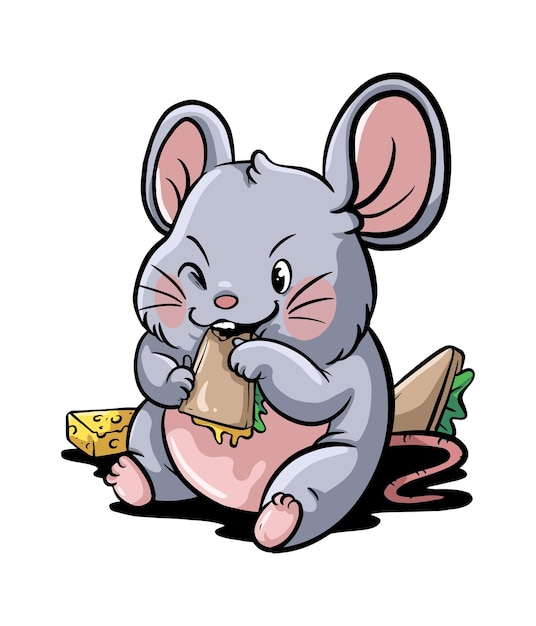 El lindo ratón de dibujos animados felizmente comiendo un delicioso sándwich de queso