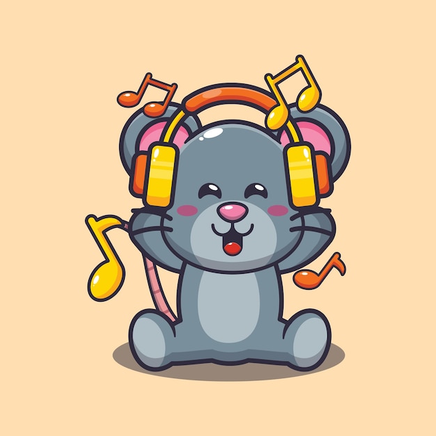 Lindo ratón escuchando música con auriculares