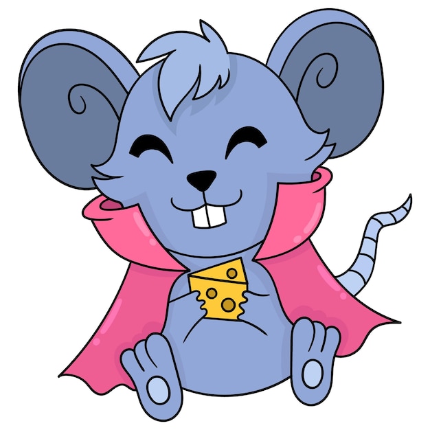 Lindo ratón está sentado feliz trayendo queso para comer, arte de ilustración vectorial. imagen de icono de doodle kawaii.