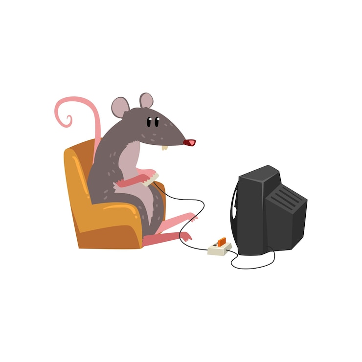 Vector lindo ratón gris sentado en un sillón y viendo la televisión, divertido vector de caracteres de roedores ilustración aislada en un fondo blanco.