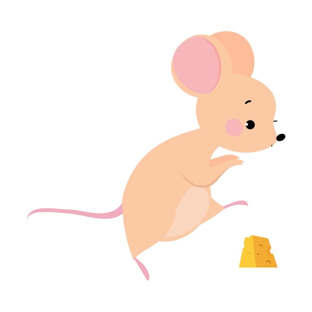 Lindo ratón con hocico puntiagudo y orejas redondeadas de puntas hacia la ilustración vectorial de la losa de queso