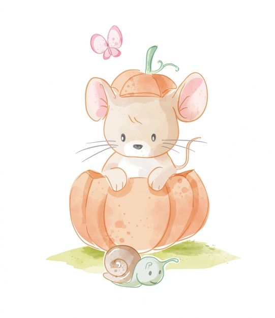 Lindo Ratón Littele en Calabaza y Caracolito Ilustración