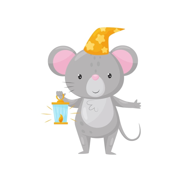 Lindo ratón pequeño en gorra de noche con lámpara de aceite ardiente encantador animal personaje de dibujos animados buena noche elemento de diseño sueños dulces vector Ilustración aislada en un fondo blanco
