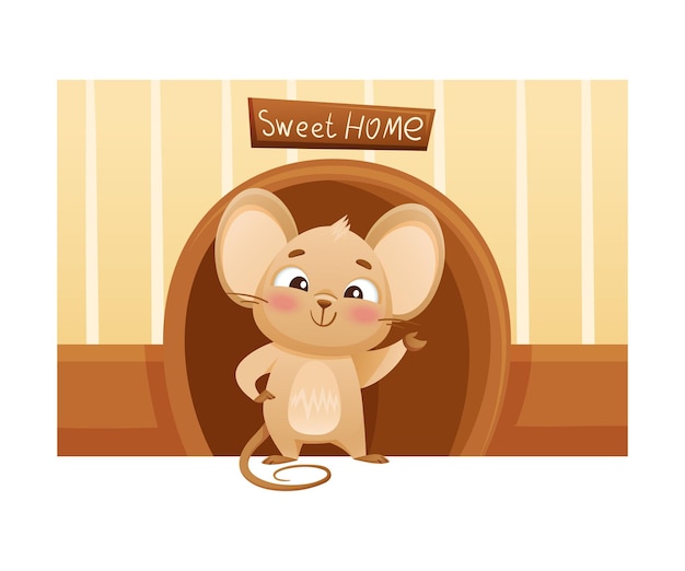 El lindo ratón pequeño de pie en la puerta del visón adorable personaje de dibujos animados de bebé divertido ilustración vectorial