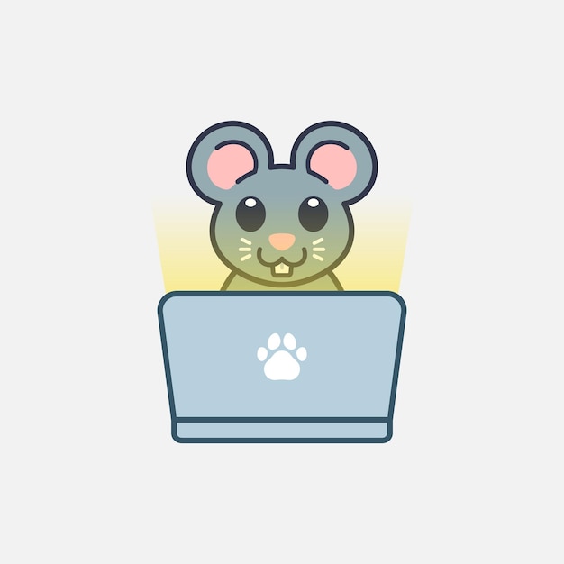 Vector lindo, ratón, usar la computadora portátil, ilustración