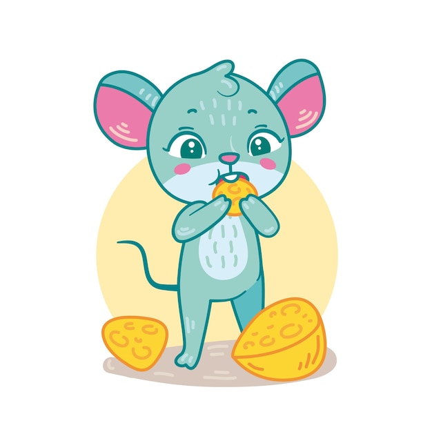 Lindo ratoncito comiendo queso en estilo de dibujos animados Ilustración vectorial para niños