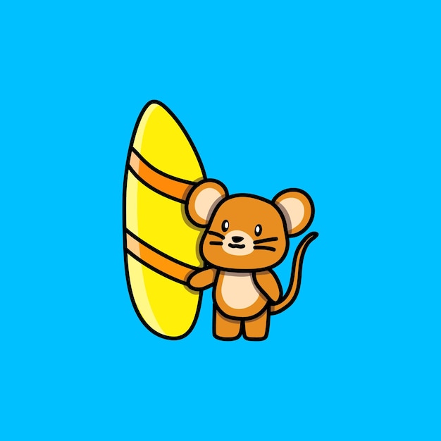 Vector lindo ratoncito con ilustración de vector de dibujos animados de tabla de surf