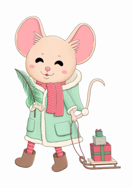 Lindo ratoncito con regalos y árbol de navidad ilustración vectorial