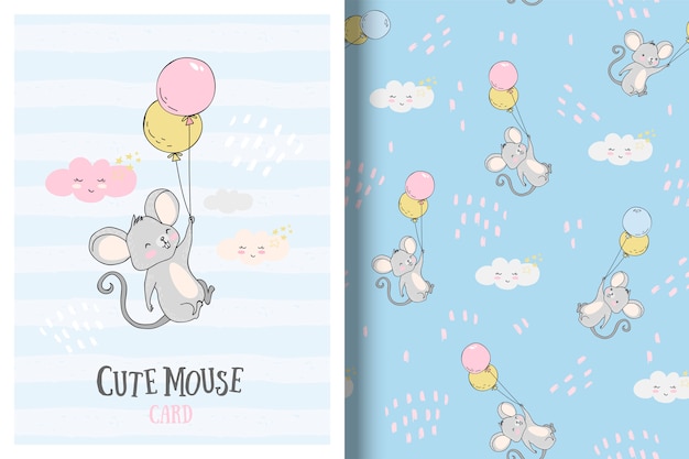 Lindo ratoncito con tarjeta de globos y patrones sin fisuras